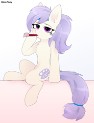 Size: 2659x3459 | Tagged: artist needed, safe, oc, oc only, oc:artstina, earth pony, pony, female, looking at you, mare, paintbrush, sitting, solo, tail band
