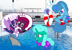 Size: 1533x1080 | Tagged: safe, artist:徐詩珮, fizzlepop berrytwist, glitter drops, spring rain, tempest shadow, twilight sparkle, twilight sparkle (alicorn), alicorn, pony, shark, unicorn, series:sprglitemplight diary, series:sprglitemplight life jacket days, series:springshadowdrops diary, series:springshadowdrops life jacket days, alternate universe, angry, base used, bisexual, broken horn, clothes, cute, dialogue, equestria girls outfit, female, glitterbetes, glitterlight, glittershadow, happy, horn, lesbian, lifeguard, lifeguard spring rain, polyamory, prank, shipping, singing, sprglitemplight, springbetes, springdrops, springlight, springshadow, springshadowdrops, swimsuit, tempestbetes, tempestlight, twiabetes