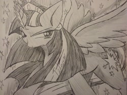 Size: 1280x960 | Tagged: safe, artist:petanoprime, twilight sparkle, twilight sparkle (alicorn), alicorn, pony, big crown thingy, element of magic, female, frown, jewelry, mare, regalia, solo, starry eyes, traditional art, wingding eyes