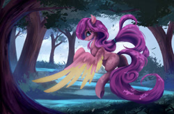 Size: 1024x670 | Tagged: safe, artist:fluttersheeeee, oc, pegasus, pony, female, forest, looking back, mare, solo