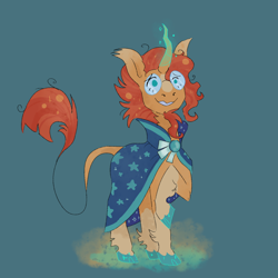 Size: 1280x1280 | Tagged: safe, artist:coolgote, sunburst, classical unicorn, pony, unicorn, blue background, cloven hooves, curved horn, ear fluff, horn, leonine tail, male, raised hoof, simple background, smiling, solo, stallion, unshorn fetlocks, wizard robe