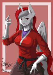 Size: 2893x4092 | Tagged: safe, artist:kiminofreewings, oc, oc:indonisty, alicorn, anthro, alicorn oc, anthro oc, beautiful, clothes, female, fighter, half body, looking at you, mascot, open mouth, original art, original style, pose, simple background, solo, sports