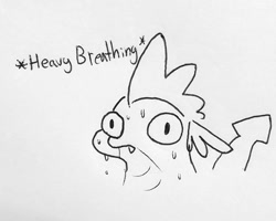 Size: 1101x881 | Tagged: safe, artist:tjpones, spike, dragon, black and white, description is relevant, descriptive noise, grayscale, heavy breathing, monochrome, ponified meme, solo, sweat, sweating profusely, tail, tailboner