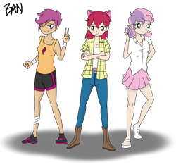 Size: 3696x3511 | Tagged: safe, artist:banquo0, apple bloom, scootaloo, sweetie belle, human, boots, bow, clothes, cutie mark crusaders, female, humanized, mary janes, miniskirt, pleated skirt, shirt, shoes, shorts, simple background, skirt, tanktop, transparent background