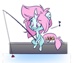 Size: 634x519 | Tagged: safe, artist:kez, oc, oc only, oc:scoops, pony, unicorn, chips, fishing, fishing rod, food, music notes, simple background, solo, transparent background, unicorn oc