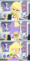 Size: 960x1920 | Tagged: safe, applejack, better together, camping must-haves, equestria girls, angry, annoyed, bed, lidded eyes, rarity's bedroom, smiling, solo