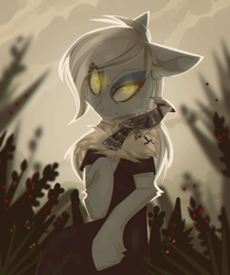 Size: 1826x2189 | Tagged: safe, artist:blue_raven, oc, oc only, oc:fine ivory, bird, earth pony, pony, black dress, clothes, dress, ear piercing, earring, eyeshadow, forest, fur collar, glowing eyes, jewelry, looking at you, makeup, piercing, plant, solo