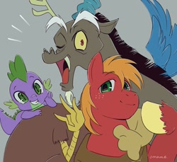 Size: 1113x1018 | Tagged: safe, artist:5mmumm5, big macintosh, discord, spike, draconequus, dragon, earth pony, pony, big macintosh's yoke, cute, discute, macabetes, male, one eye closed, open mouth, smiling, stallion, trio, trio male, wink