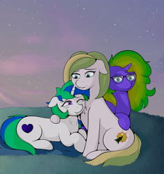 Size: 2776x2940 | Tagged: safe, artist:kirr12, oc, oc:annie berryheart, oc:fluorite, earth pony, pony, unicorn, cloud, evening, female, glasses, grass, hug, looking at you, mare, sunset, trio