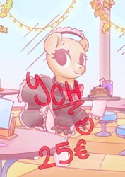 Size: 640x903 | Tagged: safe, artist:musicfirewind, oc, alicorn, earth pony, pegasus, pony, unicorn, advertisement, cafè, clothes, commission, costume, cute, food, maid, pancakes, serving tray, solo, your character here