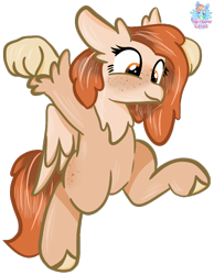 Size: 770x991 | Tagged: safe, artist:rainbow eevee, oc, oc only, oc:kiona, classical hippogriff, hippogriff, female, freckles, hippogriff oc, raised claw, raised hoof, red hair, simple background, solo, transparent background