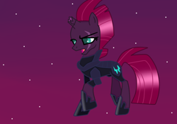 Size: 746x521 | Tagged: safe, artist:lightningbolt39, artist:selenaede, tempest shadow, pony, unicorn, armor, base used, broken horn, eye scar, female, hoof shoes, horn, mare, open mouth, raised hoof, scar, solo