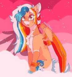 Size: 1280x1372 | Tagged: safe, artist:akiiichaos, oc, oc:echo, pegasus, pony, chest fluff, cloud, colored wings, ear fluff, female, heart eyes, hoofband, mare, multicolored hair, multicolored wings, sitting on cloud, solo, wingding eyes, wings