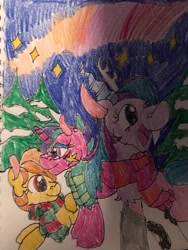 Size: 775x1031 | Tagged: safe, artist:wolfspiritclan, oc, oc only, oc:adean the draconequus, oc:alice goldenfeather, oc:twinkle star, draconequus, pegasus, unicorn, christmas, clothes, holiday, scarf, snow, starry night, traditional art, tree, winter