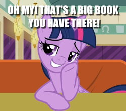 Size: 652x579 | Tagged: safe, edit, edited screencap, screencap, twilight sparkle, twilight sparkle (alicorn), alicorn, the saddle row review, book, caption, cropped, flirty, hoof on chin, image macro, solo, text, that pony sure does love books