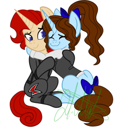 Size: 1280x1280 | Tagged: safe, artist:chelseawest, oc, oc:clarity, pony, unicorn, black widow (marvel), bow, female, hug, mare, ponified, simple background, tail bow, transparent background