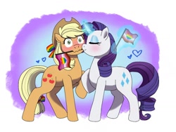 Size: 1024x768 | Tagged: safe, artist:fallenangel5414, applejack, rarity, earth pony, pony, unicorn, blushing, cute, female, heart, lesbian, lesbian pride flag, lgbt, love, pride, rarijack, shipping, smooch