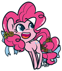 Size: 1165x1331 | Tagged: safe, artist:lilliesinthegarden, derpibooru import, pinkie pie, earth pony, pony, bow, cute, diapinkes, female, flower, flower in hair, hair bow, heart eyes, mare, open mouth, simple background, solo, tail bow, white background, wingding eyes