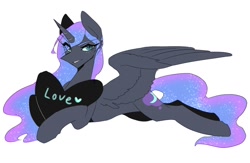 Size: 1400x914 | Tagged: safe, artist:seamaggie, nightmare moon, alicorn, pony, heart, smiling, solo