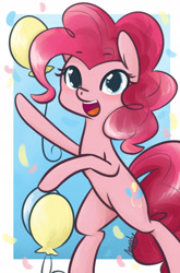 Size: 1266x1920 | Tagged: safe, artist:lilliesinthegarden, derpibooru import, pinkie pie, earth pony, pony, balloon, bipedal, confetti, cute, diapinkes, female, mare, open mouth, solo