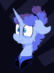 Size: 1840x2472 | Tagged: safe, artist:paskanaakka, derpibooru exclusive, oc, oc only, oc:midnight dew, pony, unicorn, abstract background, alternate hairstyle, alternate timeline, bags under eyes, bust, ear fluff, female, hair bun, mare, nightmare takeover timeline, portrait, solo