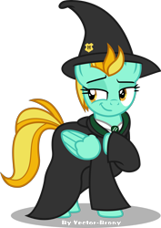 Size: 3099x4377 | Tagged: safe, artist:vector-brony, lightning dust, pegasus, pony, absurd resolution, clothes, commission, crossover, female, harry potter, hat, lidded eyes, mare, necktie, raised eyebrow, raised hoof, robe, shirt, simple background, slytherin, smiling, smirk, solo, transparent background, vector, witch hat