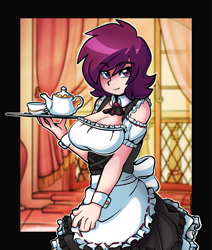 Size: 2123x2500 | Tagged: safe, artist:ciderpunk, oc, oc only, oc:burgundy chalice, human, clothes, female, humanized, humanized oc, looking at you, maid, solo, tray