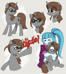 Size: 2064x2320 | Tagged: safe, artist:nightmare fuel, derpibooru exclusive, sonata dusk, oc, oc:sonata, human, pony, unicorn, equestria girls, ace attorney, confused, female, frown, glasses, hape, happy, hug, mare, objection, pointing, ponytail, simple background, sketch, sketch dump, smiling, turnabout storm, unamused