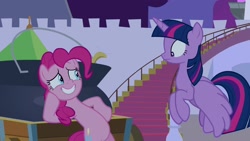 Size: 1920x1080 | Tagged: safe, screencap, pinkie pie, twilight sparkle, twilight sparkle (alicorn), alicorn, pony, the summer sun setback, bipedal, bipedal leaning, cauldron, flying, grin, hoof on cheek, hoof on hip, leaning, nervous, nervous grin, smiling