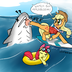 Size: 1700x1700 | Tagged: safe, artist:majupaju, derpibooru import, apple bloom, applejack, earth pony, pony, shark, clothes, kicking, vacation, water