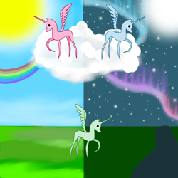 Size: 800x800 | Tagged: safe, artist:auroraswirls, oc, oc only, oc:princess sylvia, alicorn, pony, alicorn oc, aurora borealis, base used, cloud, female, mare, moon, night, on a cloud, pointy ponies, rainbow, sky, snow, snowfall, stars, story included, sun