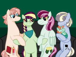 Size: 1032x774 | Tagged: safe, artist:chroniqlo, artist:kindheart525, oc, oc:bel canto, oc:cursive quill, oc:falsetto fallout, oc:holly-hay carol, oc:pristine melody, earth pony, pegasus, pony, unicorn, baby, baby pony, female, husband and wife, kindverse, magical lesbian spawn, male, mother and child, mother and daughter, offspring, offspring's offspring, parent and child, parent:applejack, parent:coco pommel, parent:coloratura, parent:oc:cursive quill, parent:oc:pristine melody, parent:oc:turquoise edge, parent:trenderhoof, parents:oc x oc, parents:rarajack, parents:trenderpommel