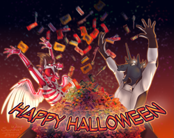 Size: 1261x1000 | Tagged: safe, artist:sunny way, oc, oc:saitudon, oc:sunny way, anthro, pegasus, unicorn, armpits, astronaut, bone, candies, candy, clothes, costume, food, halloween, halloween costume, hands up, happy, holiday, horn, open mouth, skeleton, wings