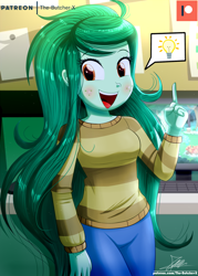 Size: 1120x1560 | Tagged: safe, artist:the-butch-x, wallflower blush, better together, equestria girls, forgotten friendship, blushing, clothes, cute, female, flowerbetes, happy, looking at you, open mouth, pants, patreon, patreon logo, signature, smiling, solo, sweater