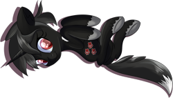 Size: 1165x661 | Tagged: safe, artist:brok-enwings, oc, oc only, oc:dog whisperer, pony, unicorn, black mane, looking at you, male, on back, simple background, solo, stallion, transparent background, unshorn fetlocks