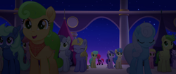 Size: 1920x804 | Tagged: safe, screencap, clear skies, linky, shoeshine, tempest shadow, earth pony, pegasus, pony, unicorn, my little pony: the movie, armor, background pony, bandana, broken horn, crowd, eyes closed, female, happy, horn, male, mare, melody star, night, rainbow (song), sad, stallion, standing, stars, unnamed pony, walking, walking away