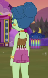 Size: 472x773 | Tagged: safe, screencap, laurel jade, better together, equestria girls, sunset's backstage pass!, ass, butt, clothes, cropped, ear piercing, earring, female, hair bun, halter top, jewelry, legs, midriff, outdoors, piercing, shorts, sleeveless, solo, stage, thighs