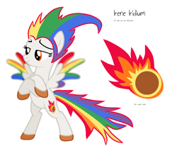 Size: 1368x1164 | Tagged: safe, artist:melisareb, oc, oc only, oc:irene iridium, element pony, object pony, original species, pegasus, base used, bipedal, colored wings, crossed arms, cutie mark, female, fire, gradient wings, mare, meteor, not rainbow dash, ponified, reference sheet, simple background, solo, white background, wings