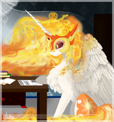 Size: 3096x3300 | Tagged: safe, artist:livitoza, daybreaker, alicorn, pony, chest fluff, desk, female, mare, missing accessory, paper, solo