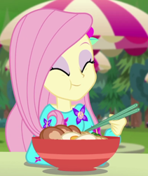 Size: 530x627 | Tagged: safe, screencap, fluttershy, equestria girls, equestria girls series, lost and pound, lost and pound: spike, spoiler:choose your own ending (season 2), spoiler:eqg series (season 2), chopsticks, cropped, cute, eating, food, noodle bowl, noodles, ramen, shyabetes, solo