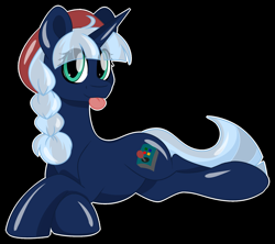 Size: 1817x1612 | Tagged: safe, artist:missmele-madness, oc, oc:active input, pony, unicorn, black background, female, hat, mare, prone, simple background, solo, tongue out