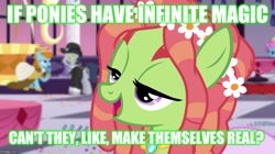 Size: 888x499 | Tagged: safe, edit, edited screencap, screencap, tree hugger, earth pony, pony, make new friends but keep discord, caption, clothes, confetti, discovery family logo, dress, female, flower, flower in hair, hippy, image macro, jewelry, looking at you, male, mare, necklace, open mouth, roasted, talking to viewer, text