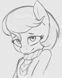 Size: 590x736 | Tagged: safe, artist:tre, auntie lofty, earth pony, semi-anthro, the last crusade, anatomically incorrect, bust, clothes, cute, female, grayscale, human shoulders, lineart, mare, monochrome, scarf, solo