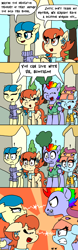 Size: 750x2400 | Tagged: safe, artist:bjdazzle, aunt holiday, auntie lofty, bow hothoof, windy whistles, earth pony, pegasus, pony, the last crusade, alternate scenario, clothes, comic, ear piercing, earring, exclamation point, female, glare, hat, implied scootaloo, jewelry, lesbian, lofty day, male, mare, nudge, piercing, polo shirt, ponyville, scarf, scootaloo fanclub, season 9 retirement party, shipping, shirt, snorting, stallion, stare down, straight, stubble, sunburst background, sweater, teasing, this means war, this will end in tears, uh oh, vest, windyhoof