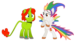 Size: 2066x1142 | Tagged: safe, artist:melisareb, oc, oc only, oc:irene iridium, oc:radiante radium, element pony, object pony, original species, pegasus, pony, unicorn, 2020 community collab, base used, bipedal, colored wings, crossed arms, derpibooru community collaboration, gradient legs, gradient tail, gradient wings, leonine tail, needs more saturation, not rainbow dash, ponified, radioactive, simple background, transparent background, watch, wings