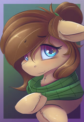 Size: 2200x3200 | Tagged: safe, artist:ardail, oc, oc only, oc:mocha latte, pony, anxious, clothes, gradient background, ponytail, scarf, unshorn fetlocks