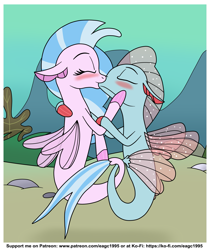 Size: 1857x2213 | Tagged: safe, artist:eagc7, ocellus, silverstream, changedling, changeling, seapony (g4), blushing, disguise, disguised changeling, eyes closed, female, interspecies, intertwined tails, kissing, ko-fi, lesbian, mermaid lovers, ocean, ocellustream, patreon, seaponified, seapony ocellus, shipping, species swap, tail, underwater, water