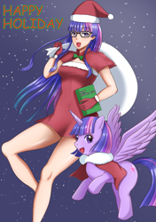 Size: 1165x1654 | Tagged: safe, artist:タツオ, twilight sparkle, twilight sparkle (alicorn), alicorn, human, pony, christmas, clothes, costume, female, glasses, hat, holiday, humanized, i can't believe it's not sci-twi, kotobukiya twilight sparkle, mare, santa costume, santa hat, twilight's professional glasses