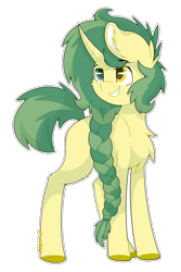 Size: 730x1095 | Tagged: safe, artist:ezzerie, oc, oc only, oc:dandy doodle, pony, unicorn, braid, chest fluff, colored hooves, digital, fluffy, heterochromia, shading, simple background, solo, transparent background, white outline, yellow