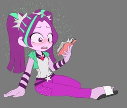 Size: 850x721 | Tagged: safe, artist:examm, aria blaze, equestria girls, blushing, book, reading, sandals, solo